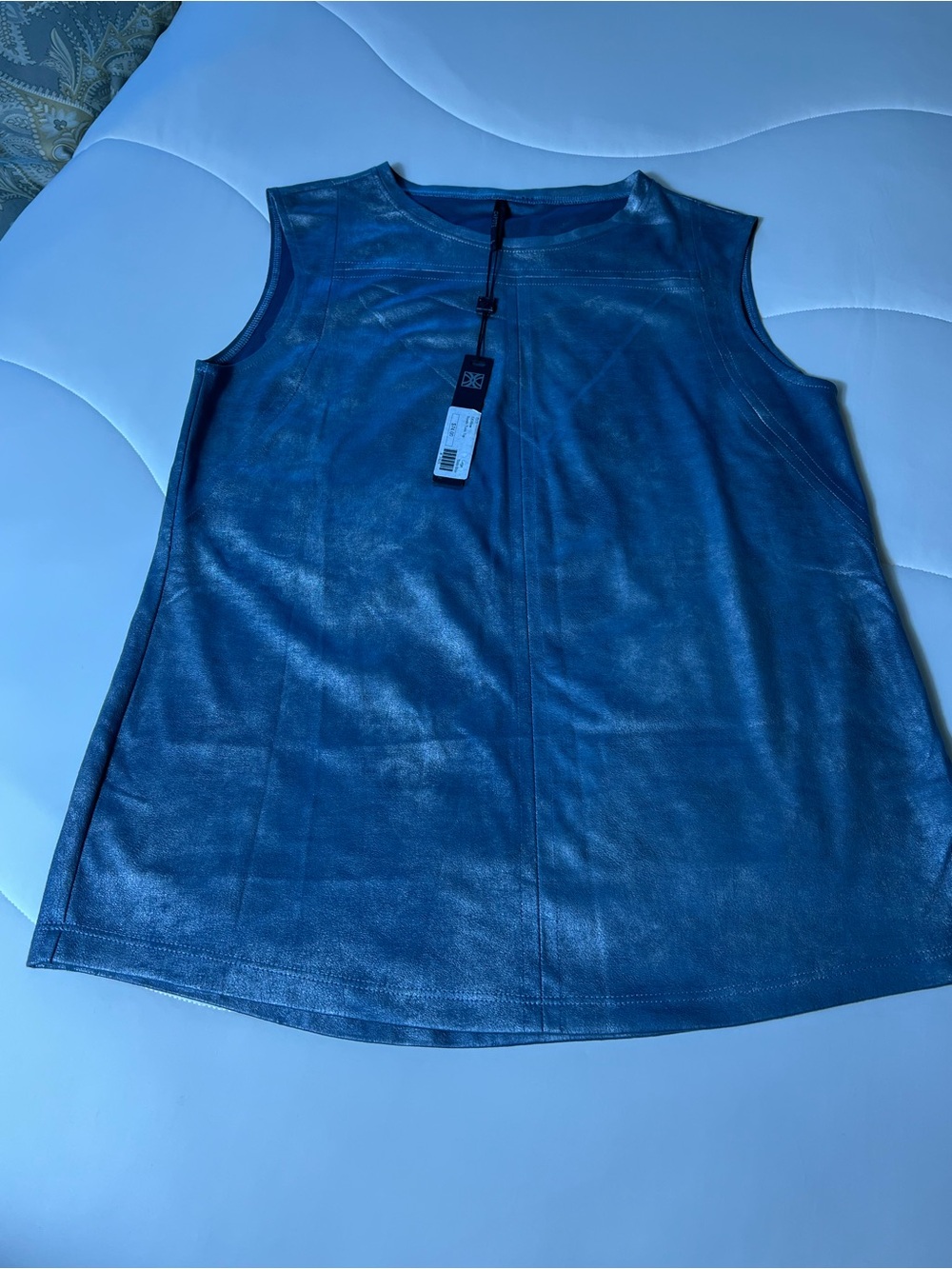 Sleeveless Faux-Leather Tunic Top in Metallic Blue